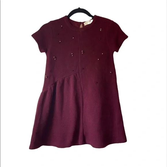 Zara Girls Collection Burgundy Wool Blend Dress Embellished Short Sleeve SZ 